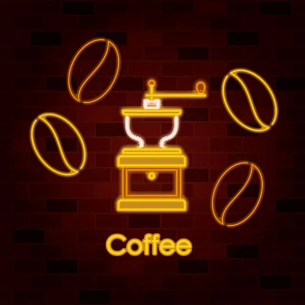 Granos de café y molinillo de café en letrero de neón en la pared de ladrillo — Vector de stock