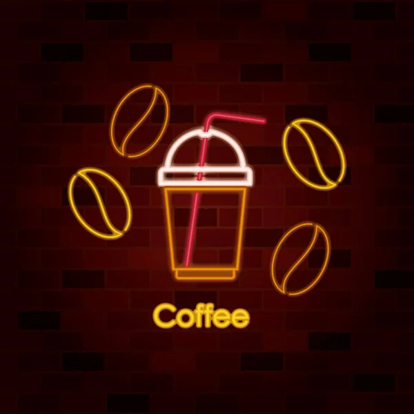 Chicchi di caffè e tazza di cappuccino sul cartello al neon sul muro di mattoni — Vettoriale Stock