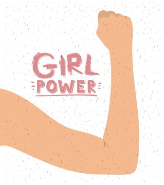 Kız güç poster erkek ile cilt renkli arkadan görünüm ve parıldıyor ile beyaz arka plan üzerinde sağ kol kaldırdı