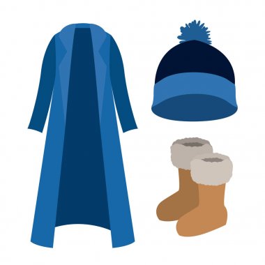 kış giysileri mavi ceket ve yün şapka ve beyaz arka plan üzerinde bot ile