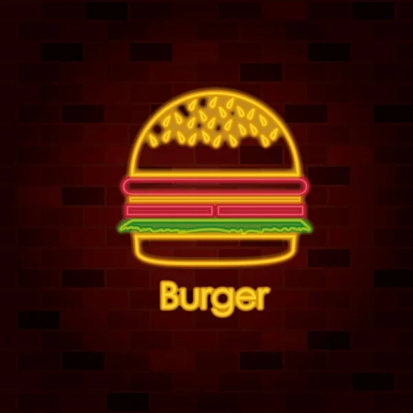 Hamburger op neon teken op bakstenen muur — Stockvector