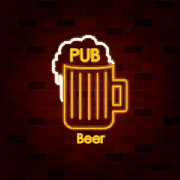 Pub beer on neon sign on brick wall — Stock Vector