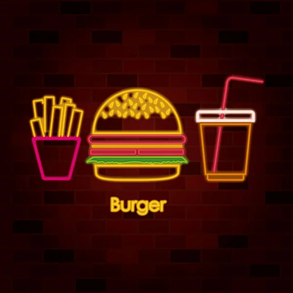 French fries burger and drink on neon sign on brick wall — Stock Vector
