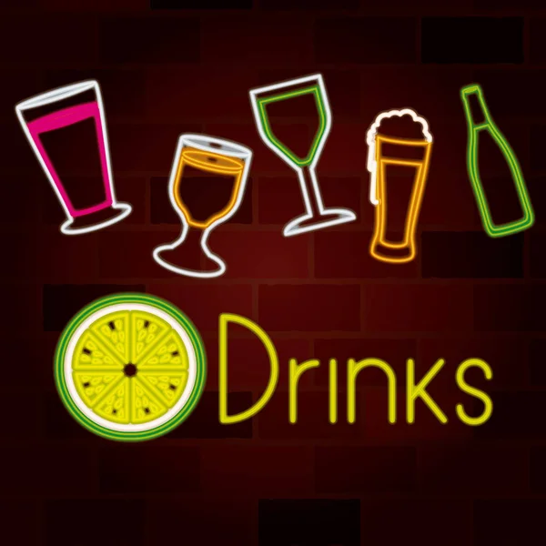 Glass drinks set on neon sign on brick wall — Stock Vector