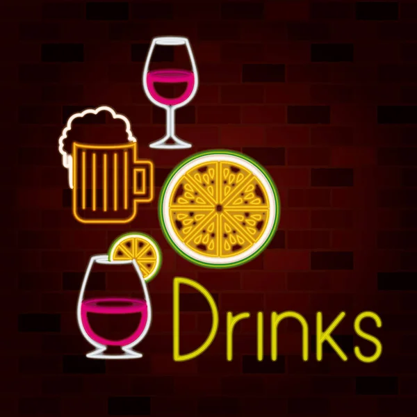 Bebidas texto y bebidas conjunto en letrero de neón en la pared de ladrillo — Vector de stock