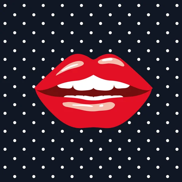 Labios rojos sobre el arte pop sobre fondo negro con puntos blancos — Vector de stock