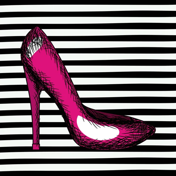 Scarpa magenta tacco schizzo in pop art su sfondo a strisce nere — Vettoriale Stock