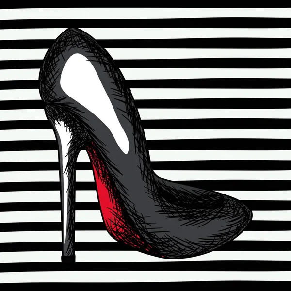 Чорний ескіз взуття на п'ятці в поп-арті на чорному смугастому фоні — стоковий вектор