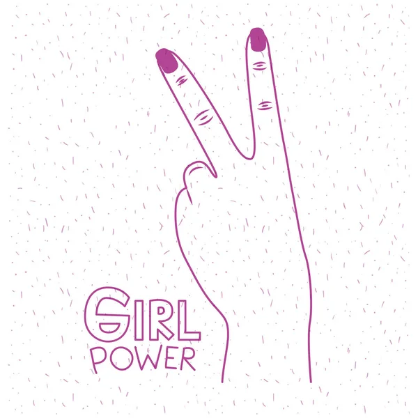 Teks poster kekuatan gadis dan tangan membuat tanda kemenangan dalam siluet ungu - Stok Vektor