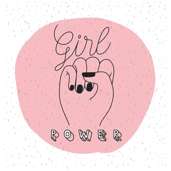 Lambang kekuatan gadis dengan tangan terangkat dalam tanda kemenangan dalam lingkaran merah muda latar belakang - Stok Vektor