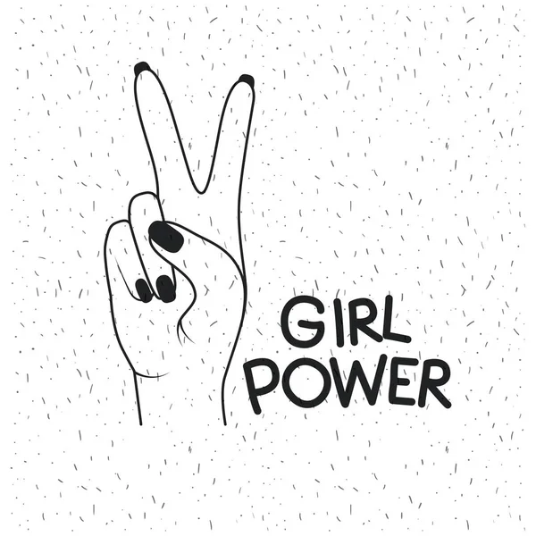 Teks poster kekuatan gadis dan tangan membuat tanda kemenangan dalam siluet hitam atas latar belakang putih dengan berkilau - Stok Vektor