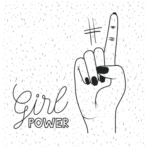 Teks poster kekuatan gadis dan sinyal tangan dengan jari nomor satu dalam siluet hitam di atas latar belakang putih dengan berkilau - Stok Vektor