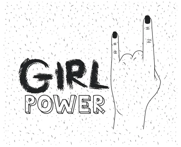Chica poder cartel texto y mano hacer cuernos señal en silueta negro sobre fondo blanco con destellos — Archivo Imágenes Vectoriales