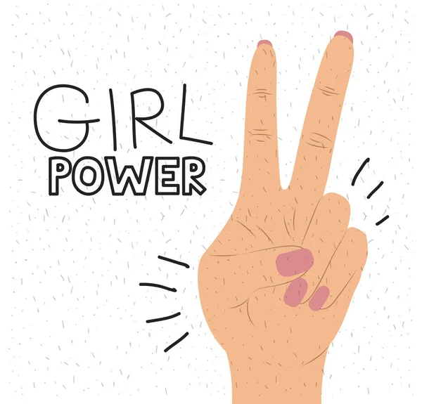 女孩力量海报文本和手在皮肤颜色做胜利标志在前面看法 — 图库矢量图片
