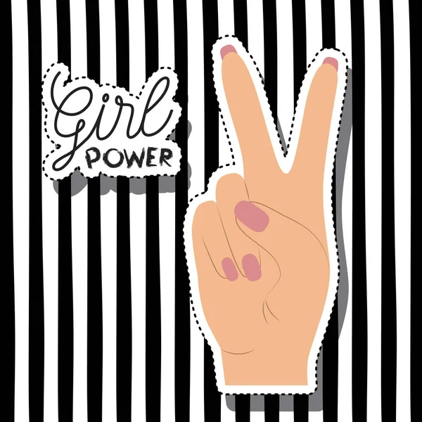 Teks poster kekuatan gadis dan tangan dalam stiker warna kulit membuat sinyal kemenangan pada latar belakang garis-garis vertikal - Stok Vektor
