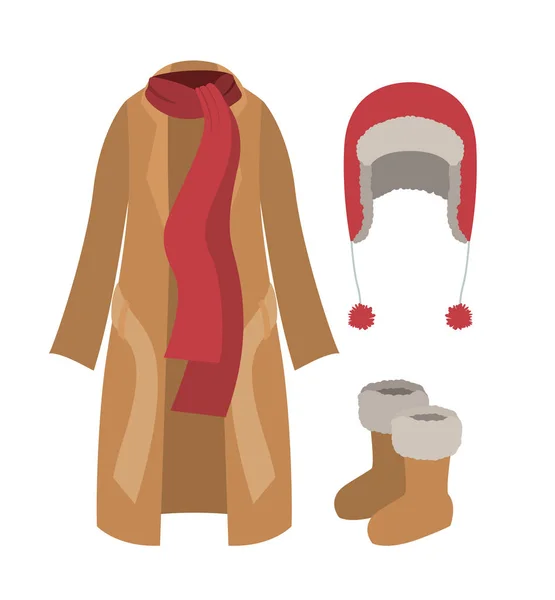 Abrigo de ropa de invierno y bufanda y gorra de lana y botas en silueta de colores sobre fondo blanco — Vector de stock