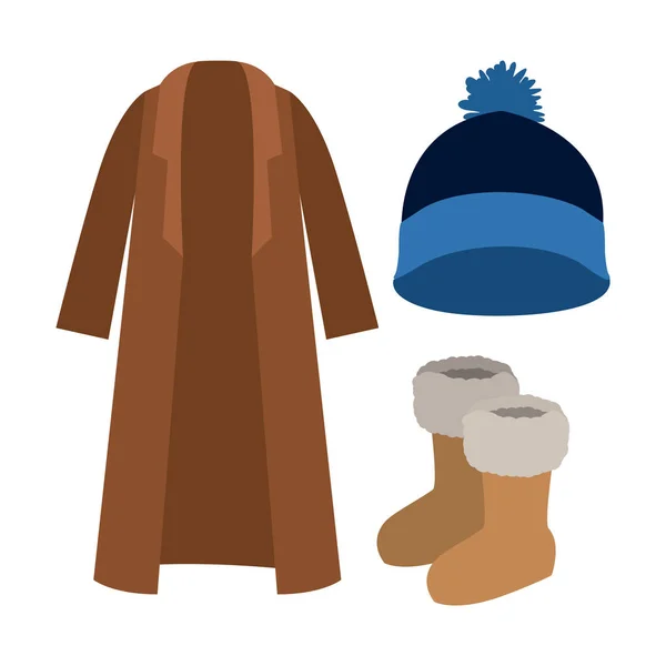 Abrigo de ropa de invierno y gorra de lana y botas en silueta de colores sobre fondo blanco — Vector de stock