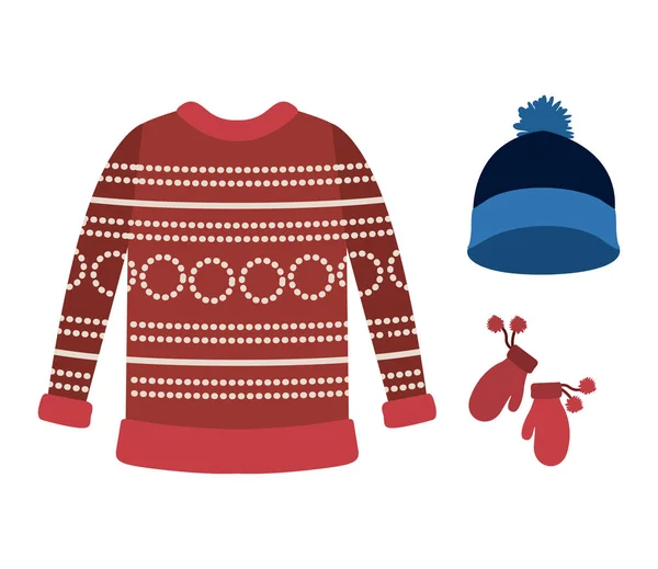 Ropa de invierno con suéter de lana roja y gorra de lana azul y guantes de lana sobre fondo blanco — Vector de stock
