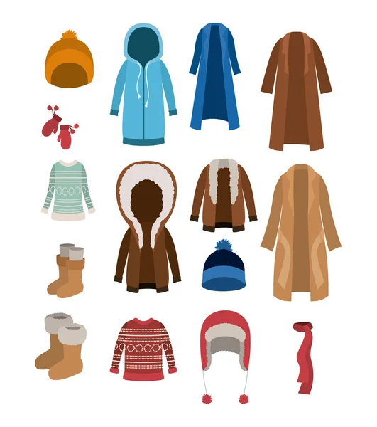 Winter kleding set met jassen truien wol GLB laarzen sjaal jassen en handschoenen op witte achtergrond — Stockvector