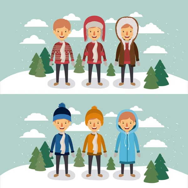 Personas de invierno con dos escenas de hombres con abrigos y ropa de invierno en el paisaje con nieve y pinos en silueta de colores — Archivo Imágenes Vectoriales