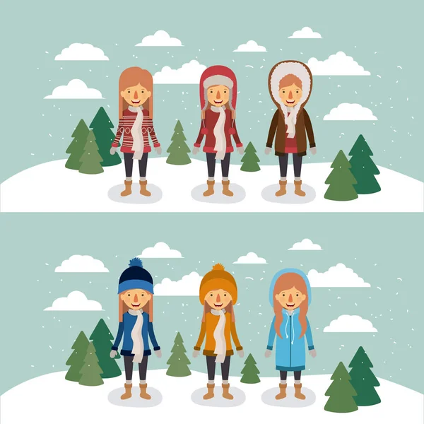 Personas de invierno con dos escenas de mujeres con abrigos y ropa de invierno en el paisaje con nieve y pinos en silueta de colores — Archivo Imágenes Vectoriales