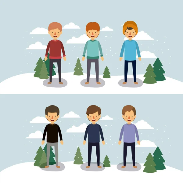 Personas de invierno con dos escenas de hombres con suéteres y ropa de invierno en el paisaje con nieve y pinos en silueta de colores — Archivo Imágenes Vectoriales