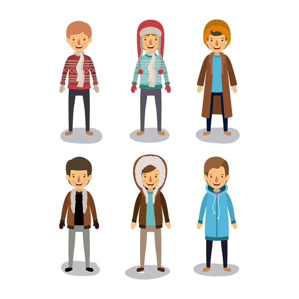 Fondo de las personas de invierno con los hombres con abrigos y ropa de invierno en silueta de colores sobre fondo blanco — Vector de stock