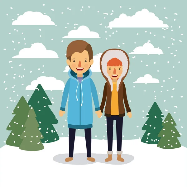 Hiver gens fond avec couple dans un paysage coloré avec des pins et de la neige tombant et lui avec manteau et elle avec manteau à capuchon — Image vectorielle