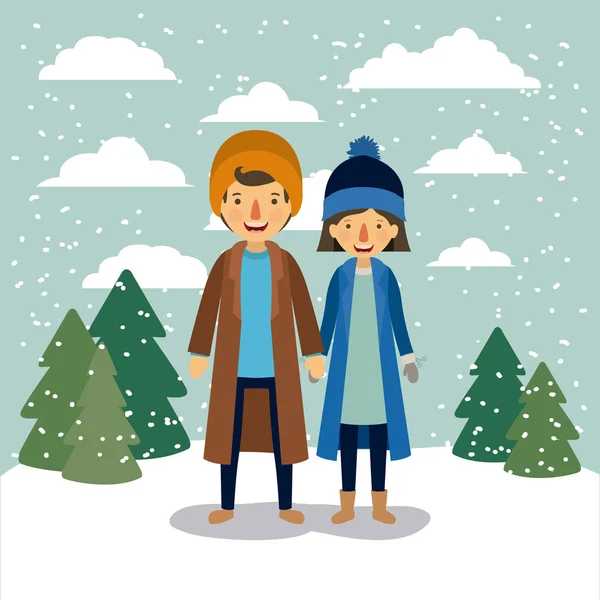 Vinter personer bakgrund med par i färgstarka landskap med tallar och snö faller och båda med kappor och ull mössor — Stock vektor