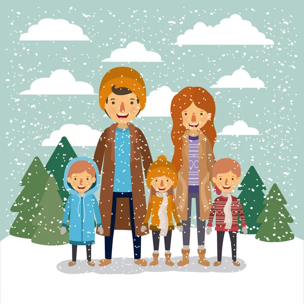 Pessoas de inverno fundo com a família em paisagem colorida com pinheiros e neve caindo e pai mãe e filhos com casacos e lenços —  Vetores de Stock