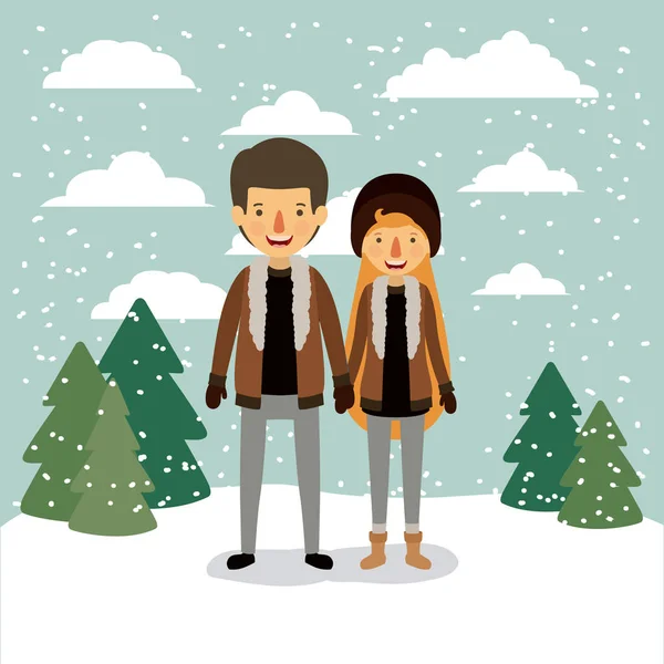 冬天人背景与夫妇在五颜六色的风景与松树和雪下落, 并且与皮革夹克和她与羊毛盖帽 — 图库矢量图片