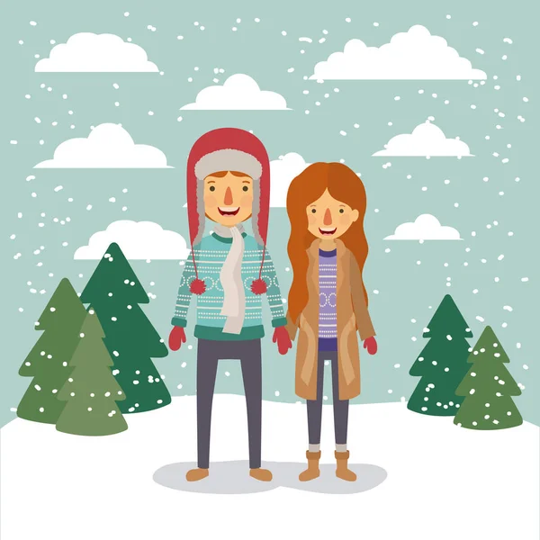 Vinter personer bakgrund med par i färgstarka landskap med tallar och snö faller och honom med tröja och mössa i ull och henne med päls — Stock vektor