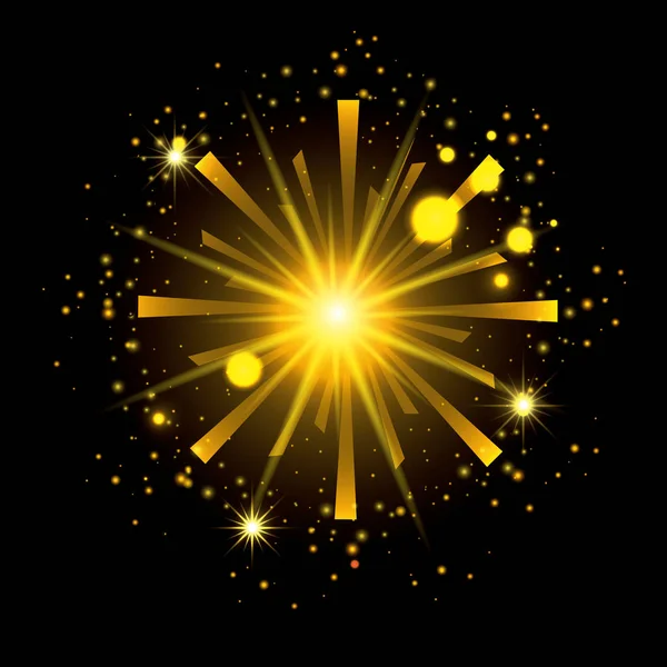 Fireworks bursting in shape of radiant sun with yellow flashes on black background — Stock Vector