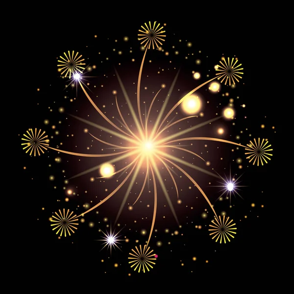 Fireworks bursting in glowing yellow and starry flashes around on black background — Stock Vector