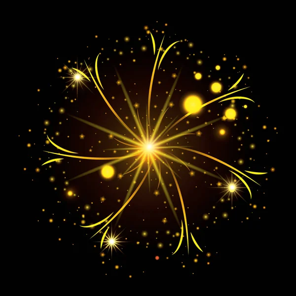 Fireworks bursting in glowing yellow thin star on black background — Stock Vector