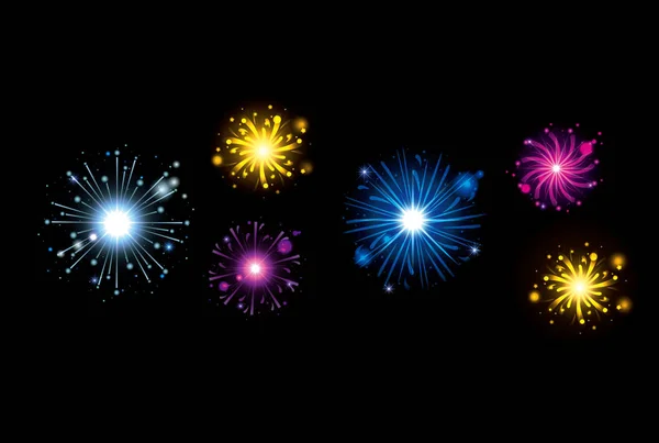 Feux d'artifice éclatant de plusieurs couleurs éclatantes sur fond noir — Image vectorielle