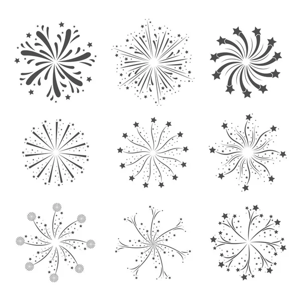 Вспышки фейерверков, установленные в оттенках серого на белом фоне — стоковый вектор