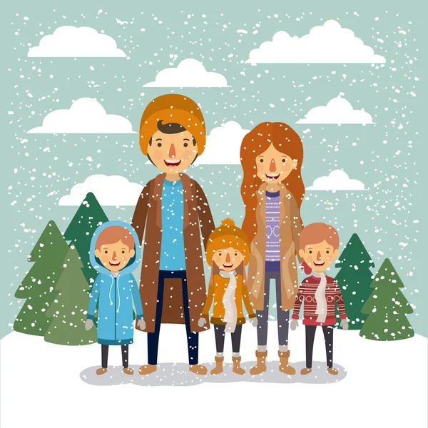 Winter people background with family in colorful landscape with pine trees and snow falling and father mother and sons with coats and scarfs Royalty Free Stock Illustrations