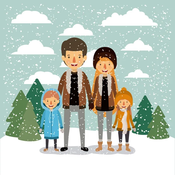 Winter people background with family in colorful landscape with pine trees and snow falling and parents with leather jackets and sons with sweater and cap of wool Stock Vector