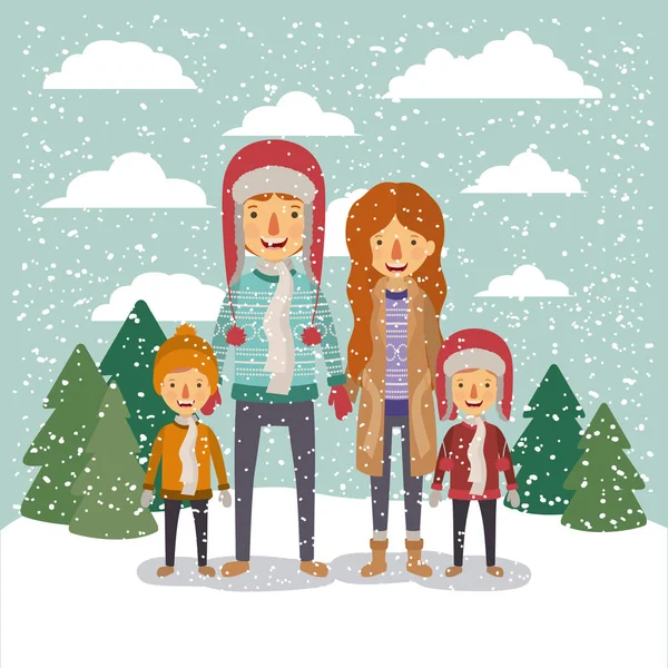 Winter people background with family in colorful landscape with pine trees and snow falling and father and sons with sweater and cap of wool and mother with fur coat Royalty Free Stock Vectors