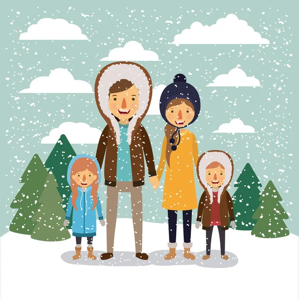 Winter people background with family in colorful landscape with pine trees and snow falling and father and son and daughter with hooded coat and mother with sweater and cap of wool Stock Illustration