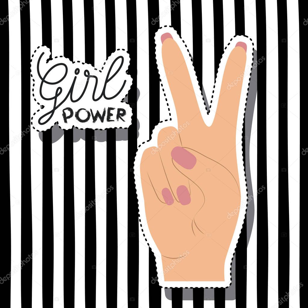 girl power poster text and hand in skin color sticker making victory signal on vertical striped background