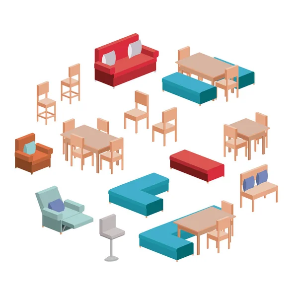 Muebles de salón y comedor en silueta de colores sobre fondo blanco — Vector de stock