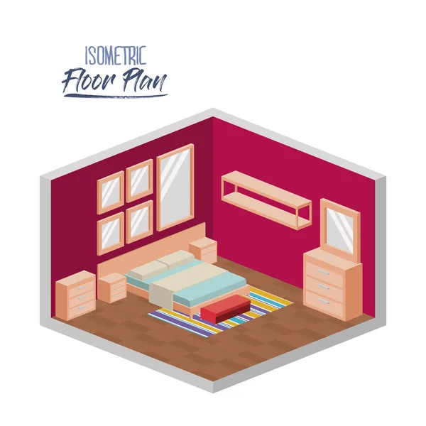 Plano de planta isométrica del dormitorio cama doble y muebles en silueta de colores — Vector de stock