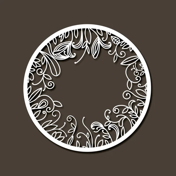 Laser cutting abstract round frame with internal decorations of branches with leaves in dark gray background — Stock Vector