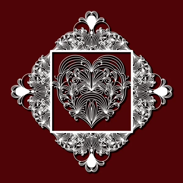 Découpe laser diamant floral décoratif avec coeur à l'intérieur du carré en fond de couleur rouge foncé — Image vectorielle