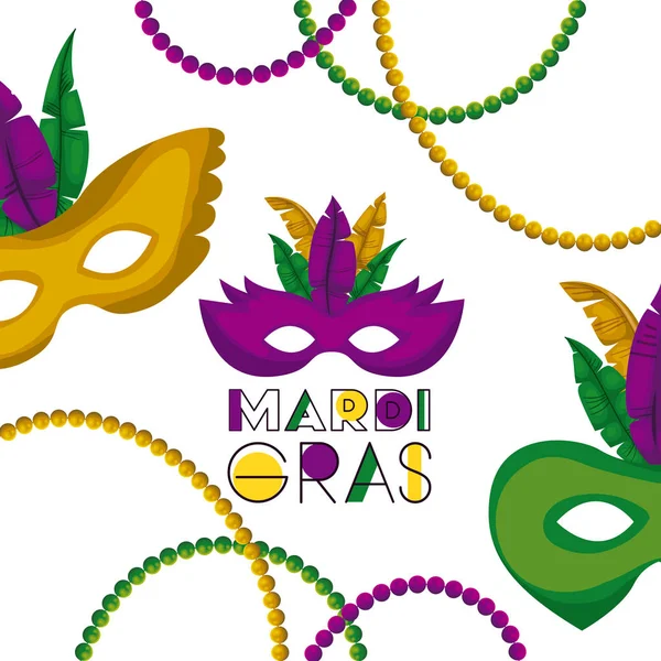 Mardi gras Poster mit mehreren Karnevalsmasken mit bunten Federn und Halsketten auf weißem Hintergrund — Stockvektor