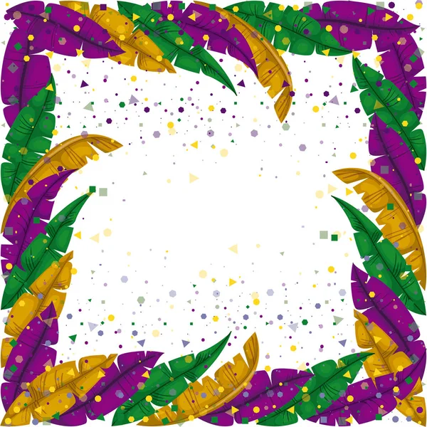 Mardi gras frame with feathers and colorful confetti background — Stock Vector