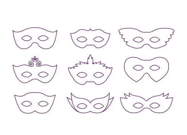 Набор карнавальной маски на фиолетовый силуэт — стоковый вектор