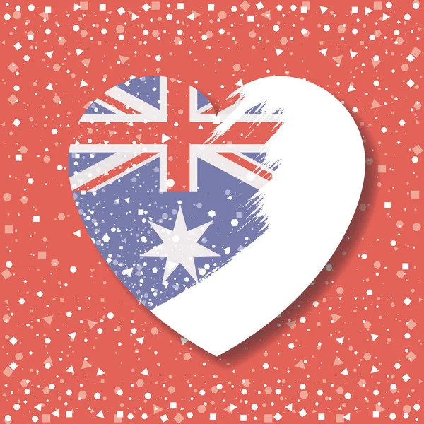 Australian flag on heart in opacity graphic in red background with confetti — Stock Vector